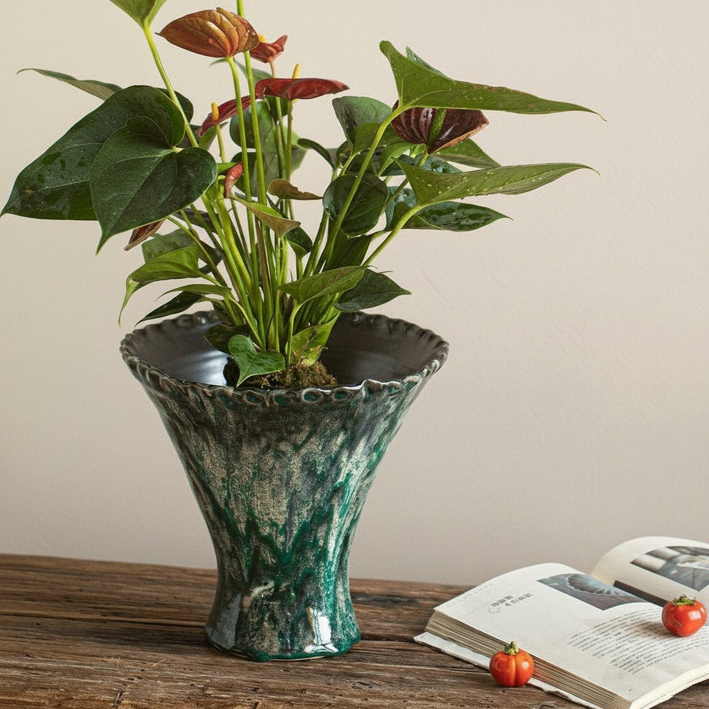 Emerald Glazed Ceramic Flared Planter with Anthurium