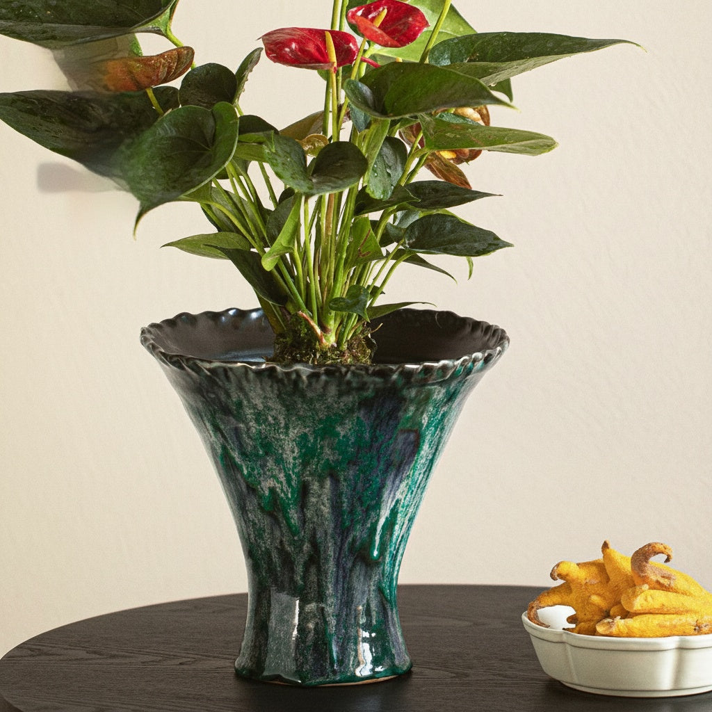 Scalloped Edge Detail of Glazed Ceramic Planter