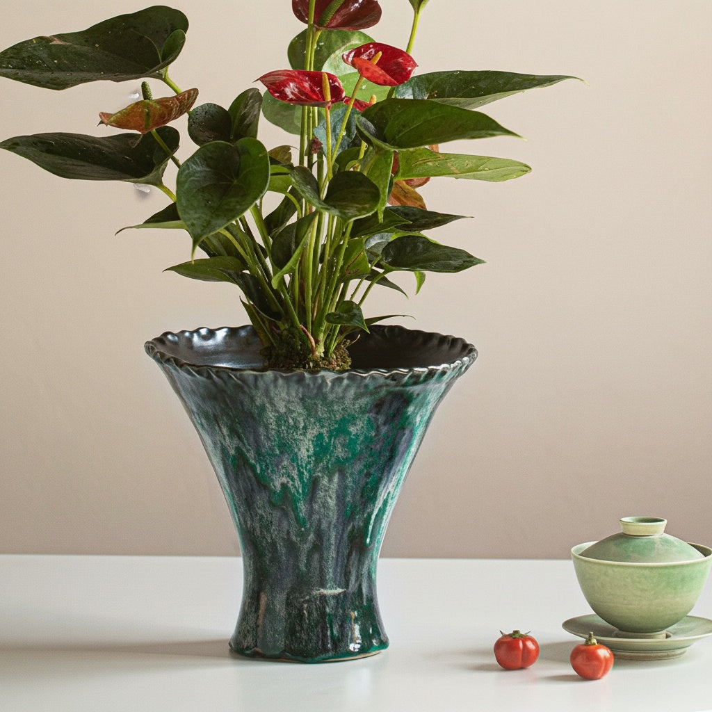 Emerald Glazed Ceramic Flared Planter on White Table