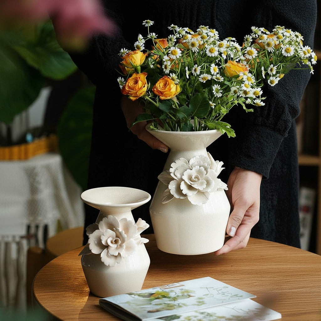 Glazed Ceramic Floral Appliqué Vase