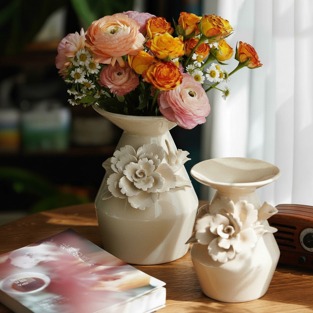 Glazed Ceramic Floral Appliqué Vase
