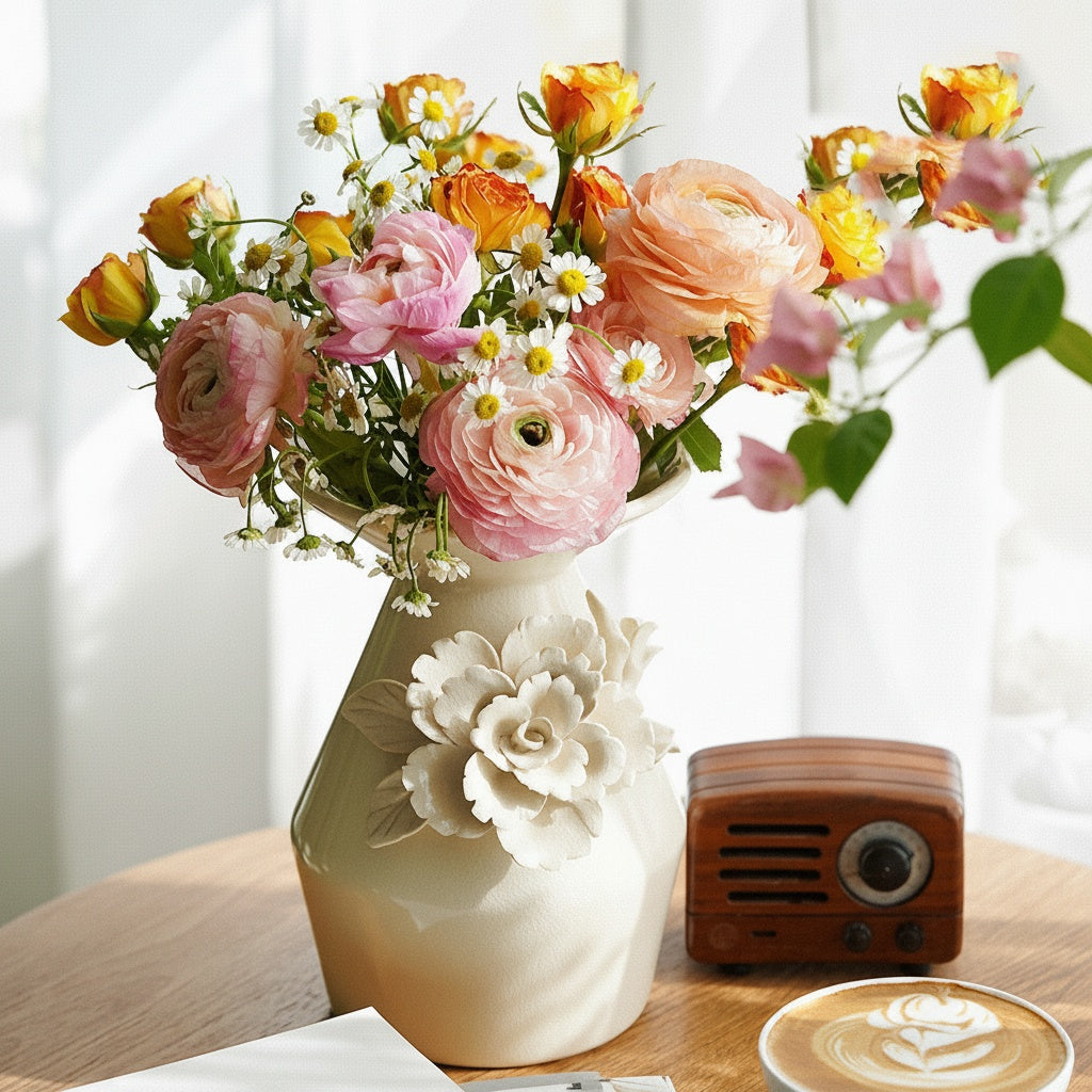 Glazed Ceramic Floral Appliqué Vase