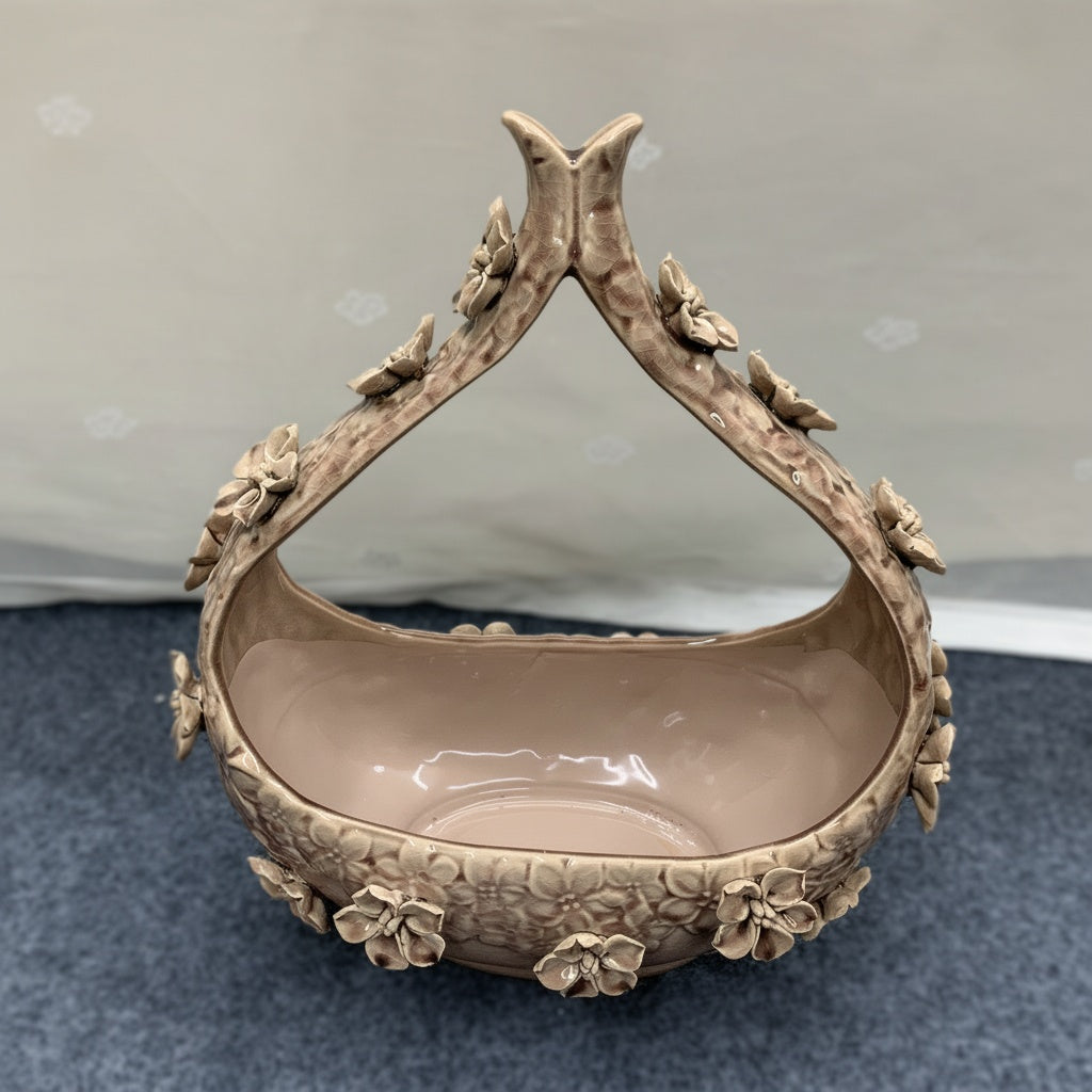 Glazed Ceramic Floral Basket Centerpiece Bowl