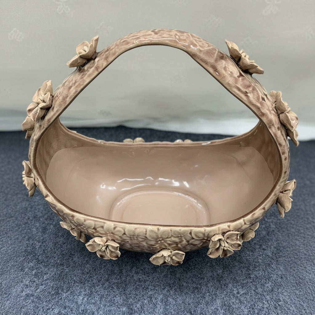 Glazed Ceramic Floral Basket Centerpiece Bowl