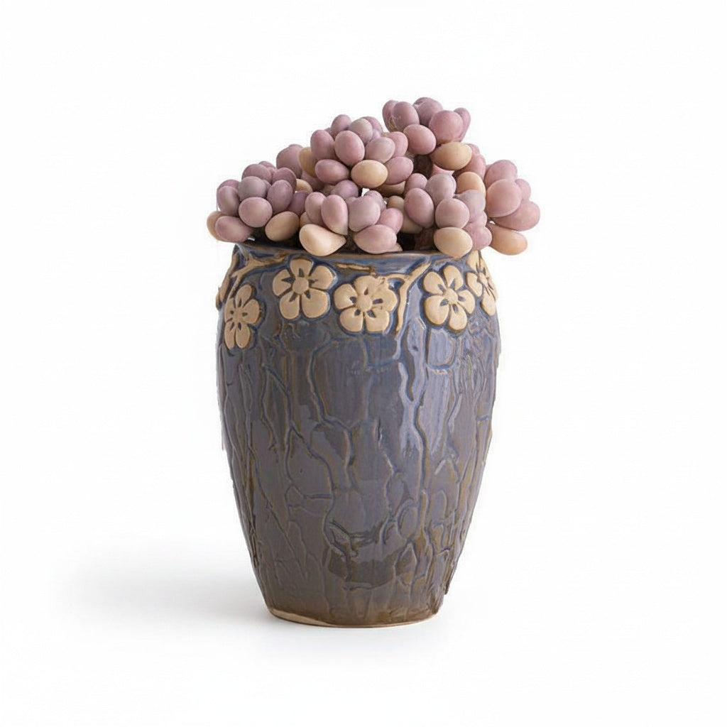 Glazed Ceramic Floral Motif Planter with Succulents