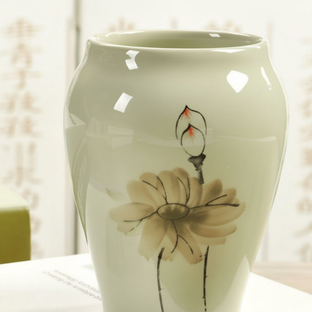Close up of the painted floral motif on the ceramic vase