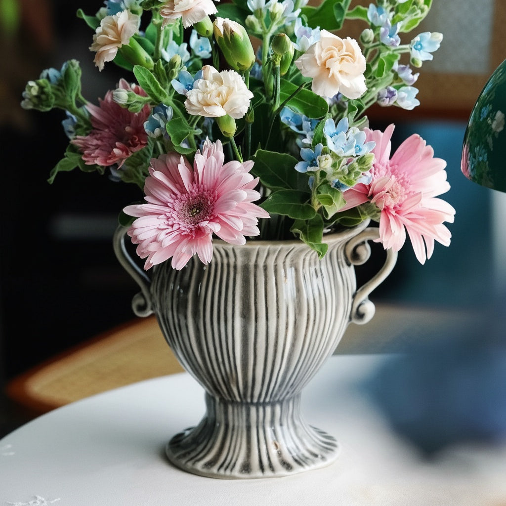 Glazed Ceramic Fluted Pedestal Vase with Flowers
