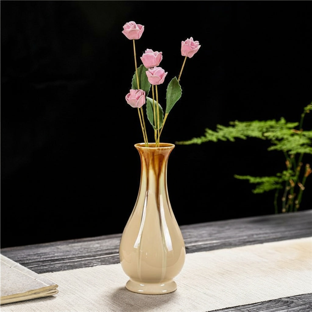 Glazed Ceramic Fluted Vase And Floral Set
