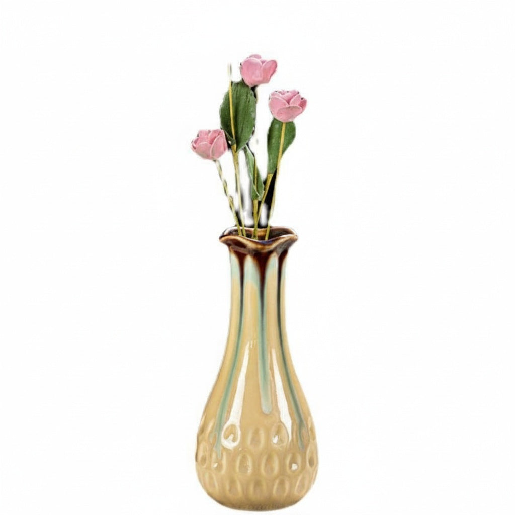 Glazed Ceramic Fluted Vase And Floral Set