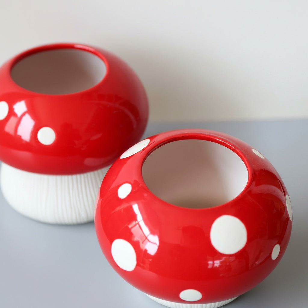 Top view of glazed ceramic mushroom vase showing opening and glossy finish
