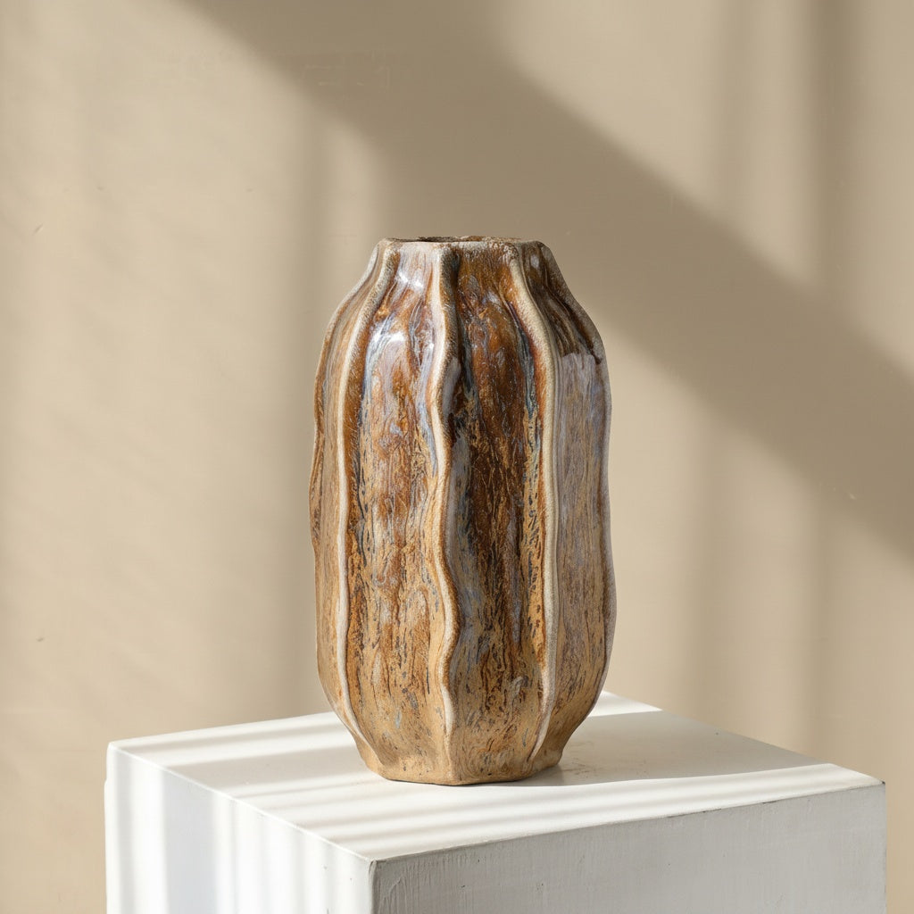 Textured Glazed Ceramic Ribbed Vase