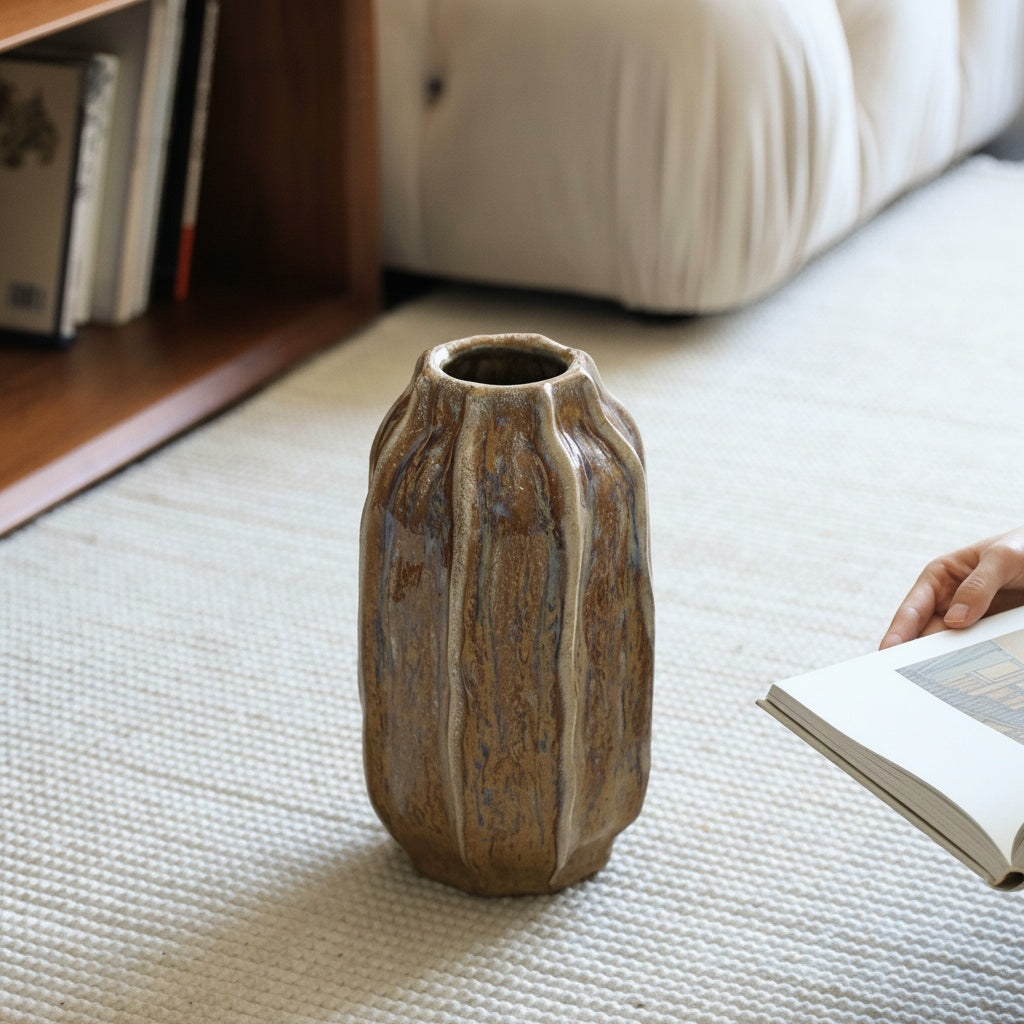 Textured Glazed Ceramic Ribbed Vase On Rug