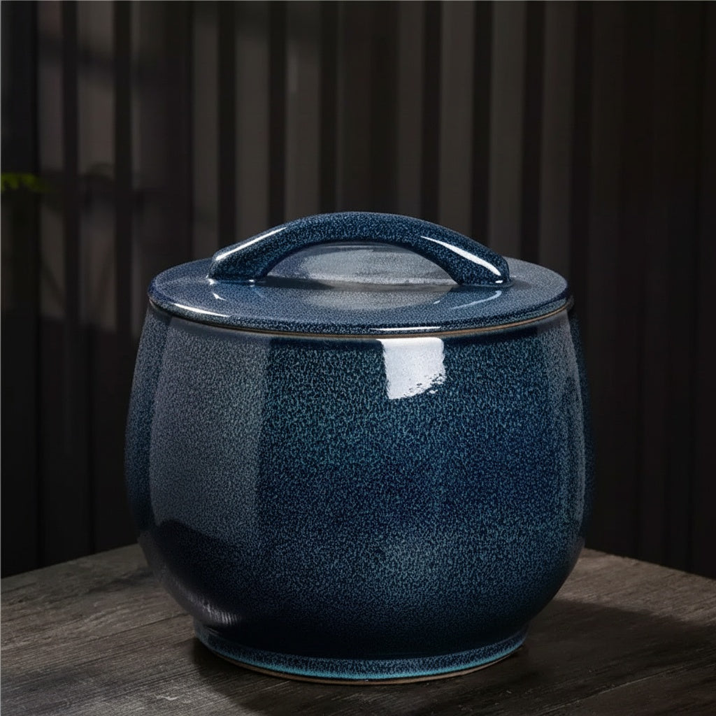 Dark Blue Glazed Ceramic Round Lidded Jar