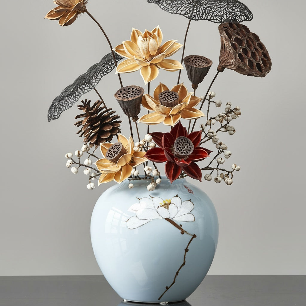 Glazed Ceramic Round Vase And Botanical Arrangement