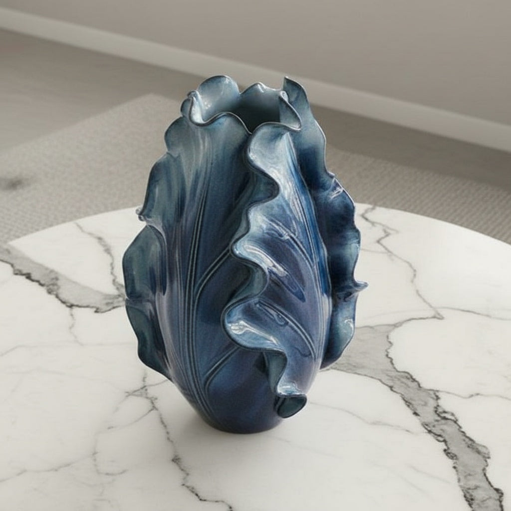 Glazed Ceramic Ruffled Leaf Vase in Deep Blue