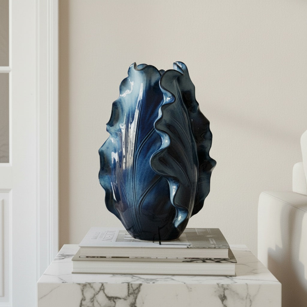 Glazed Ceramic Ruffled Leaf Vase styled on books