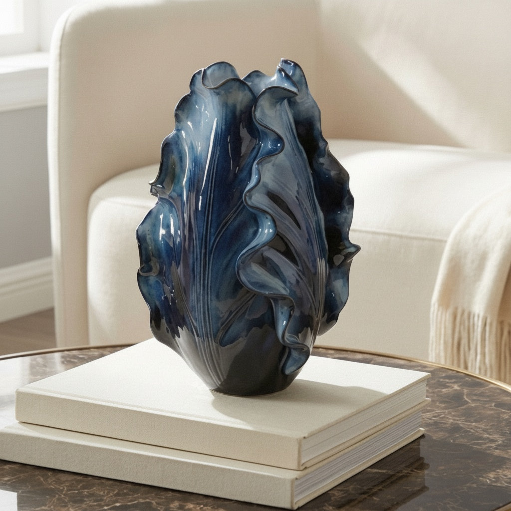 Glazed Ceramic Ruffled Leaf Vase on a marble table