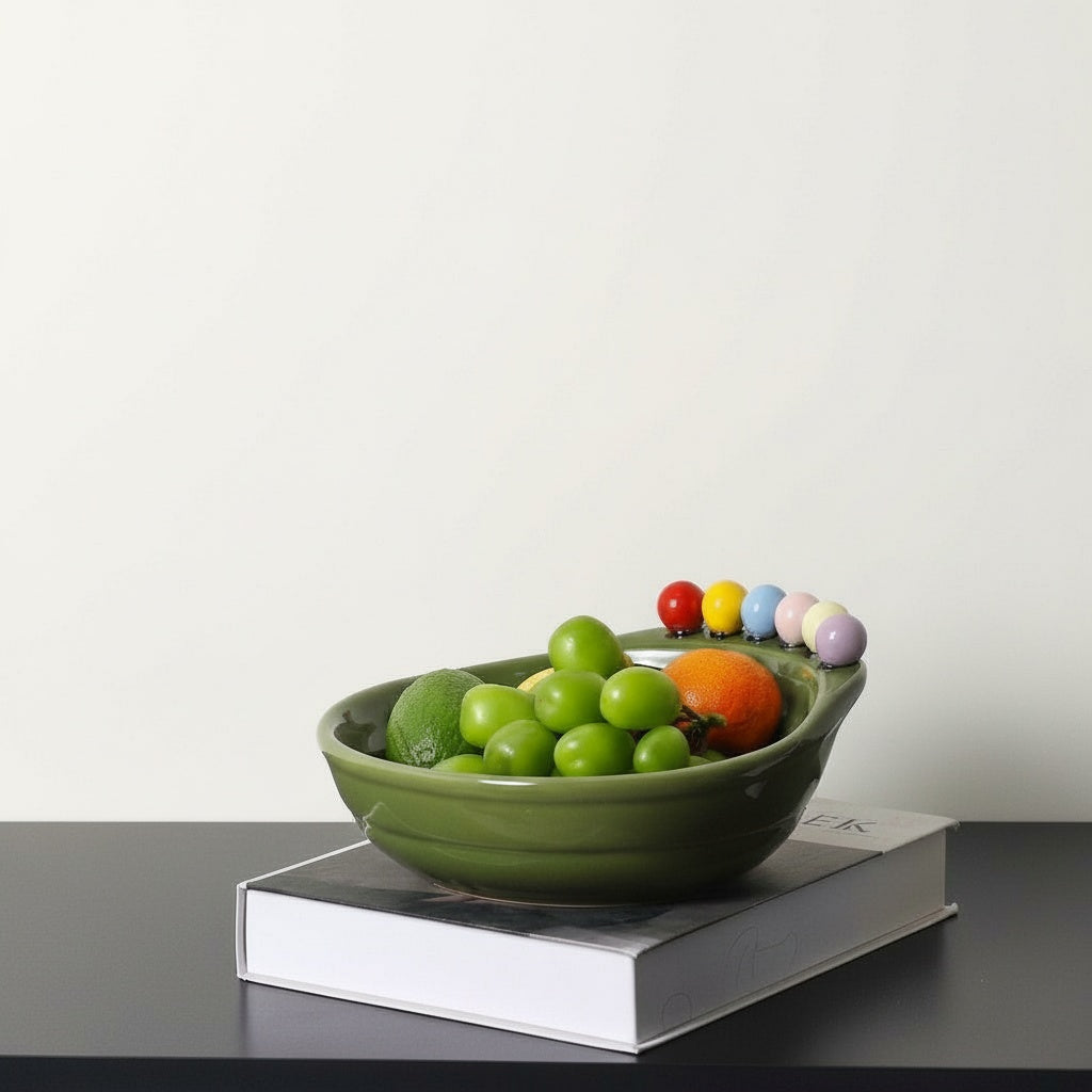 Glazed Ceramic Sculptural Decorative Bowl with Fresh Fruit
