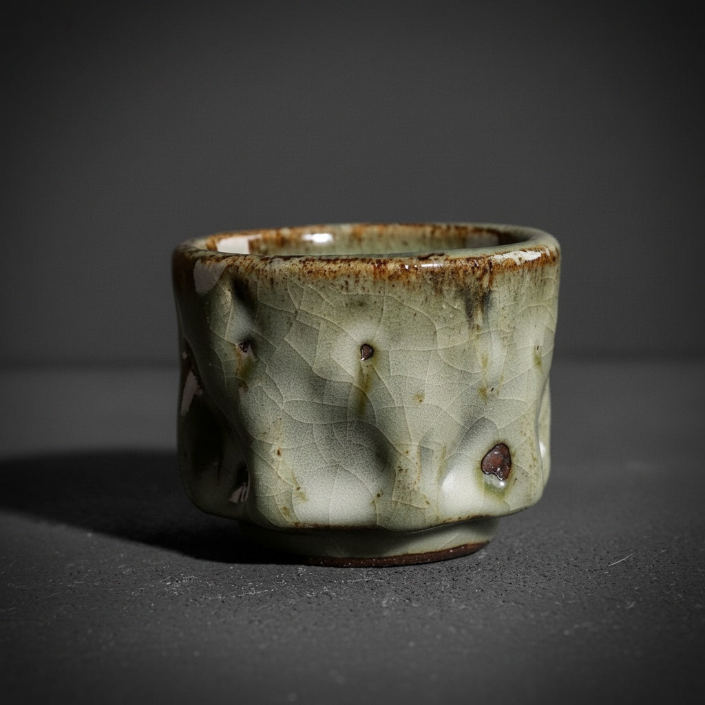 Glazed Green Ceramic Sculptural Tea Cup
