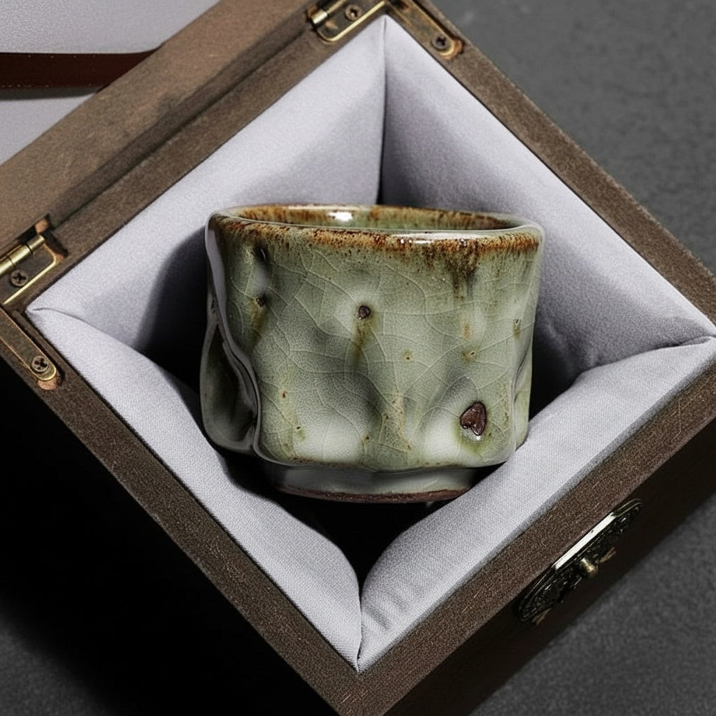 Glazed Green Ceramic Sculptural Tea Cup In Wooden Box