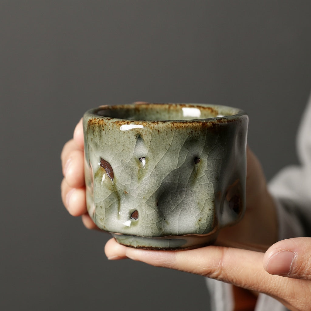 Hand Holding Glazed Green Ceramic Sculptural Tea Cup