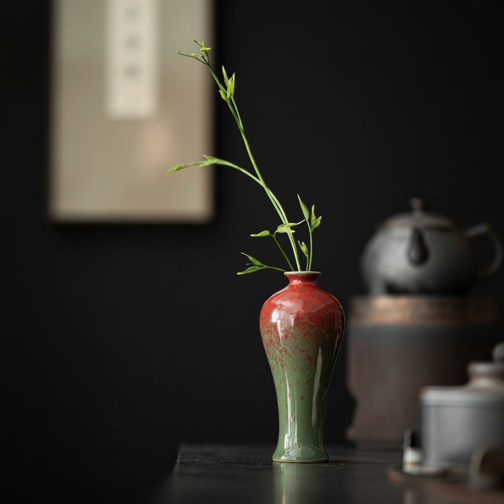 Glazed Ceramic Slender Bud Vase On Dark Tabletop