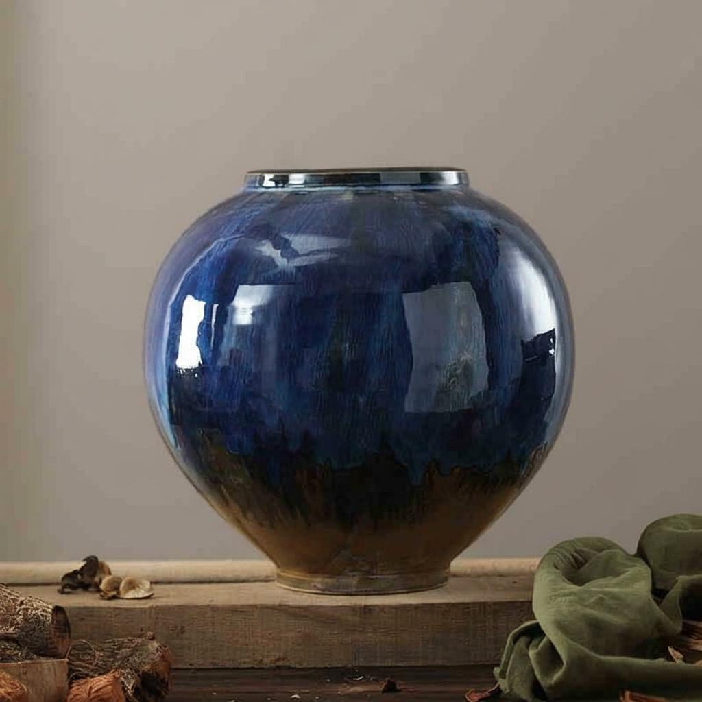 Close up of blue glazed spherical vase
