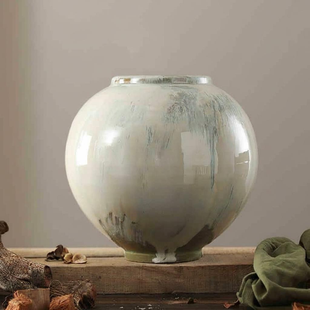 Close up of white glazed spherical vase