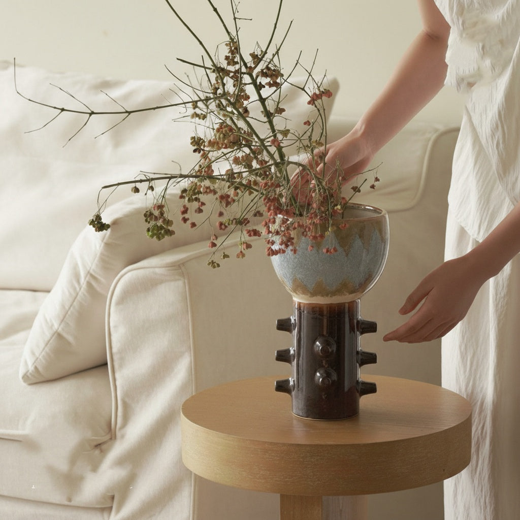 Glazed ceramic totem vase with branches on table