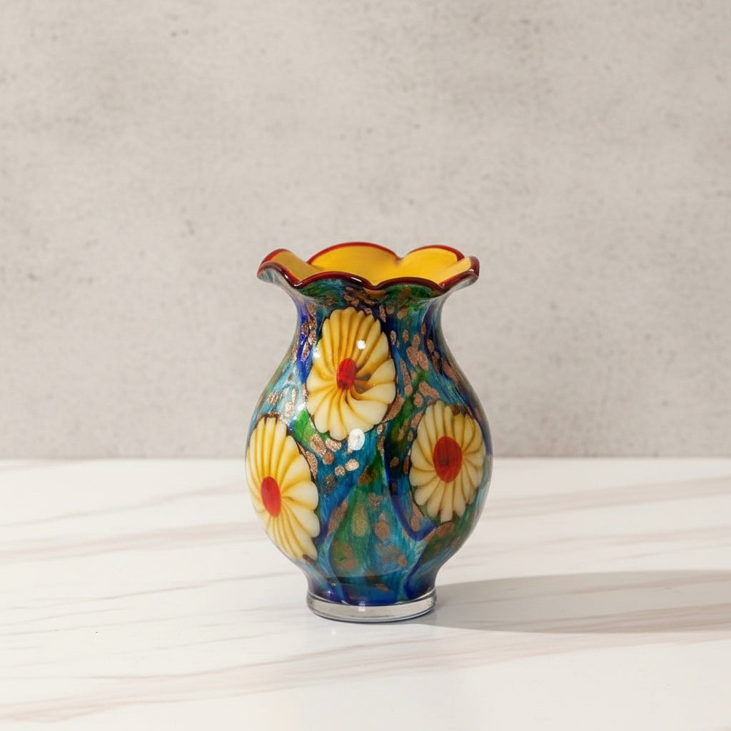 Vibrant glazed floral art glass vase with fluted rim