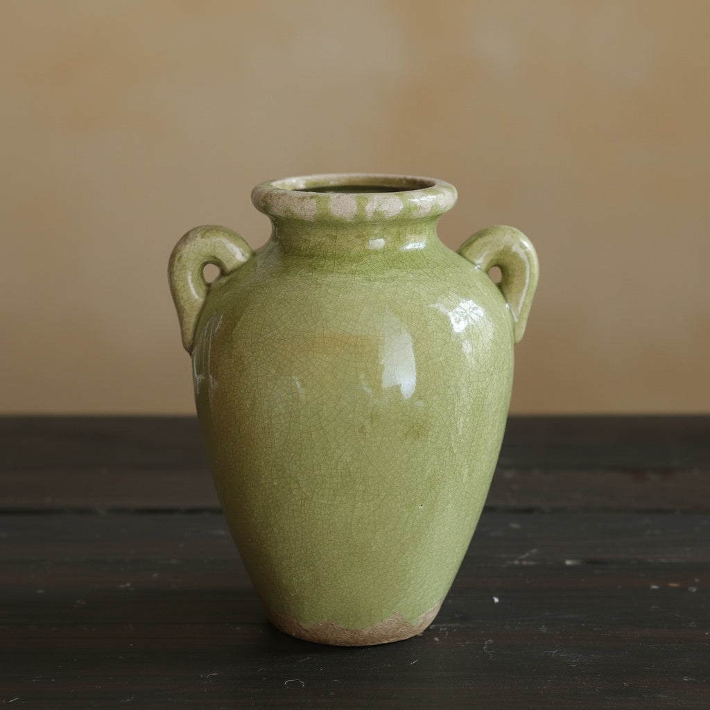Glazed Green Ceramic Handled Vase