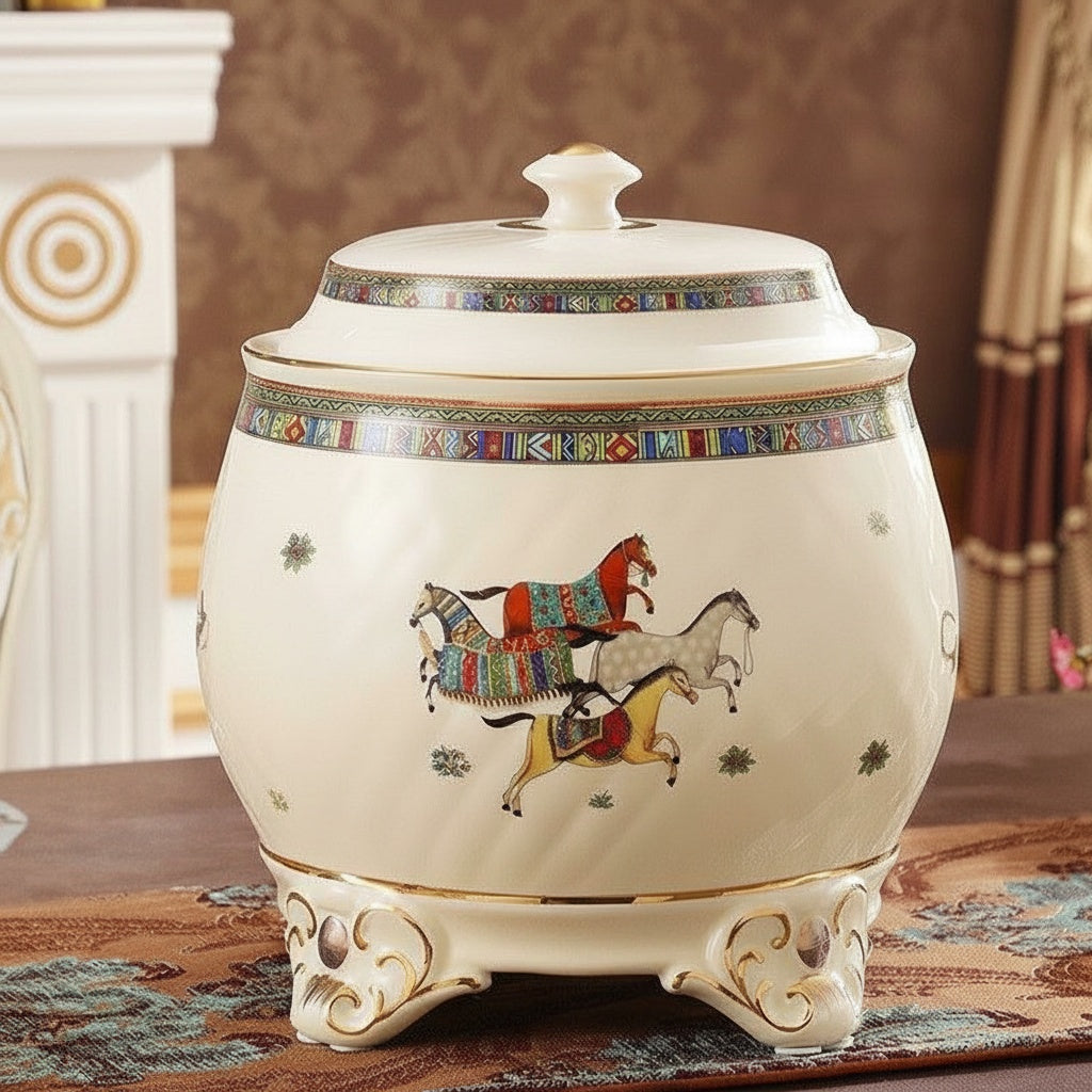 Glazed Porcelain Equestrian Lidded Jar Front View