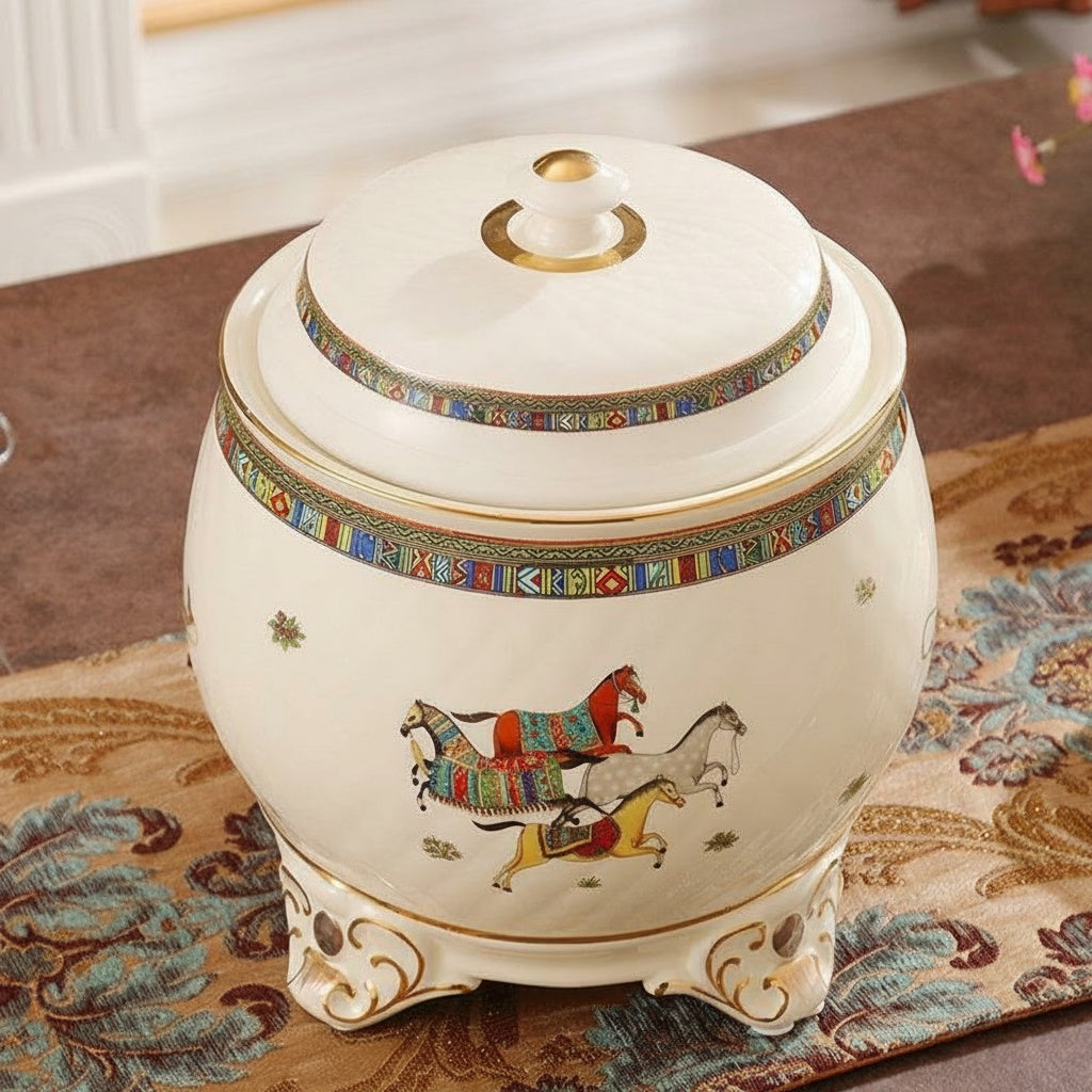 Glazed Porcelain Equestrian Lidded Jar High Angle