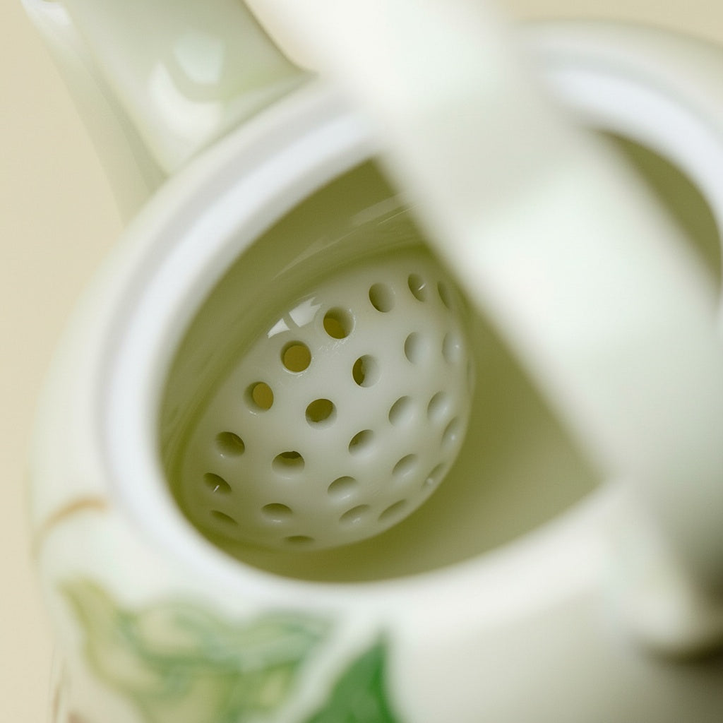 Glazed porcelain teapot interior showing built-in ceramic strainer