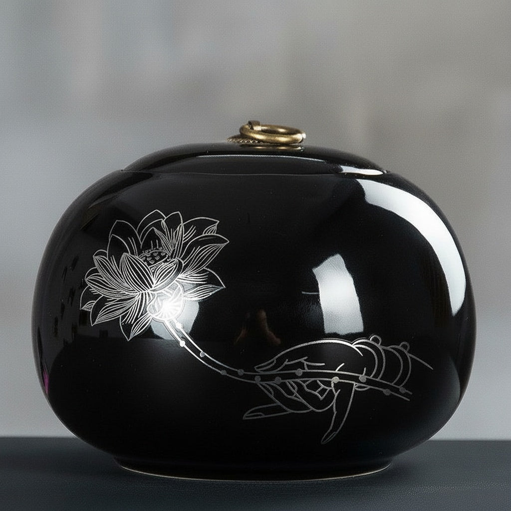 Glossy Black Ceramic Round Decorative Jar
