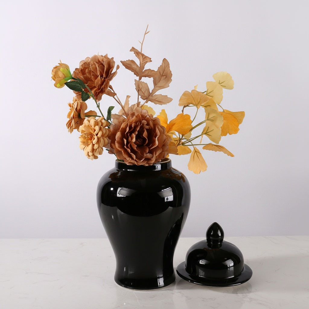 Glossy Black Ceramic Temple Jar styled with floral arrangement