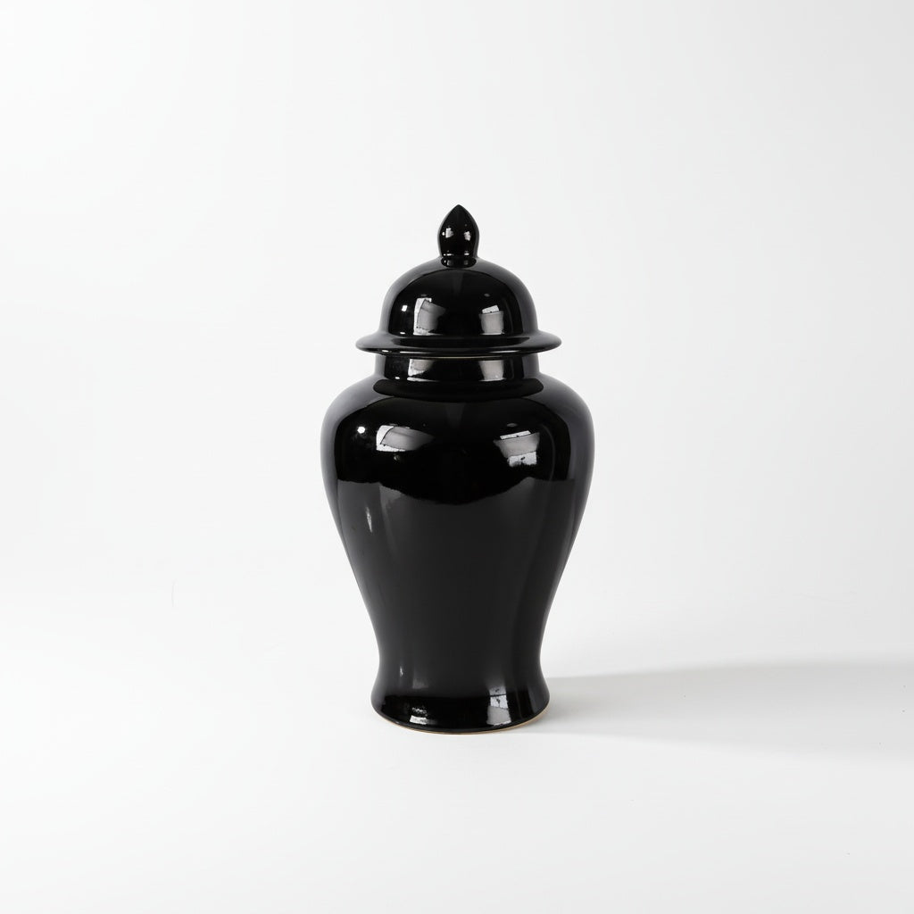 Glossy Black Ceramic Temple Jar with lid