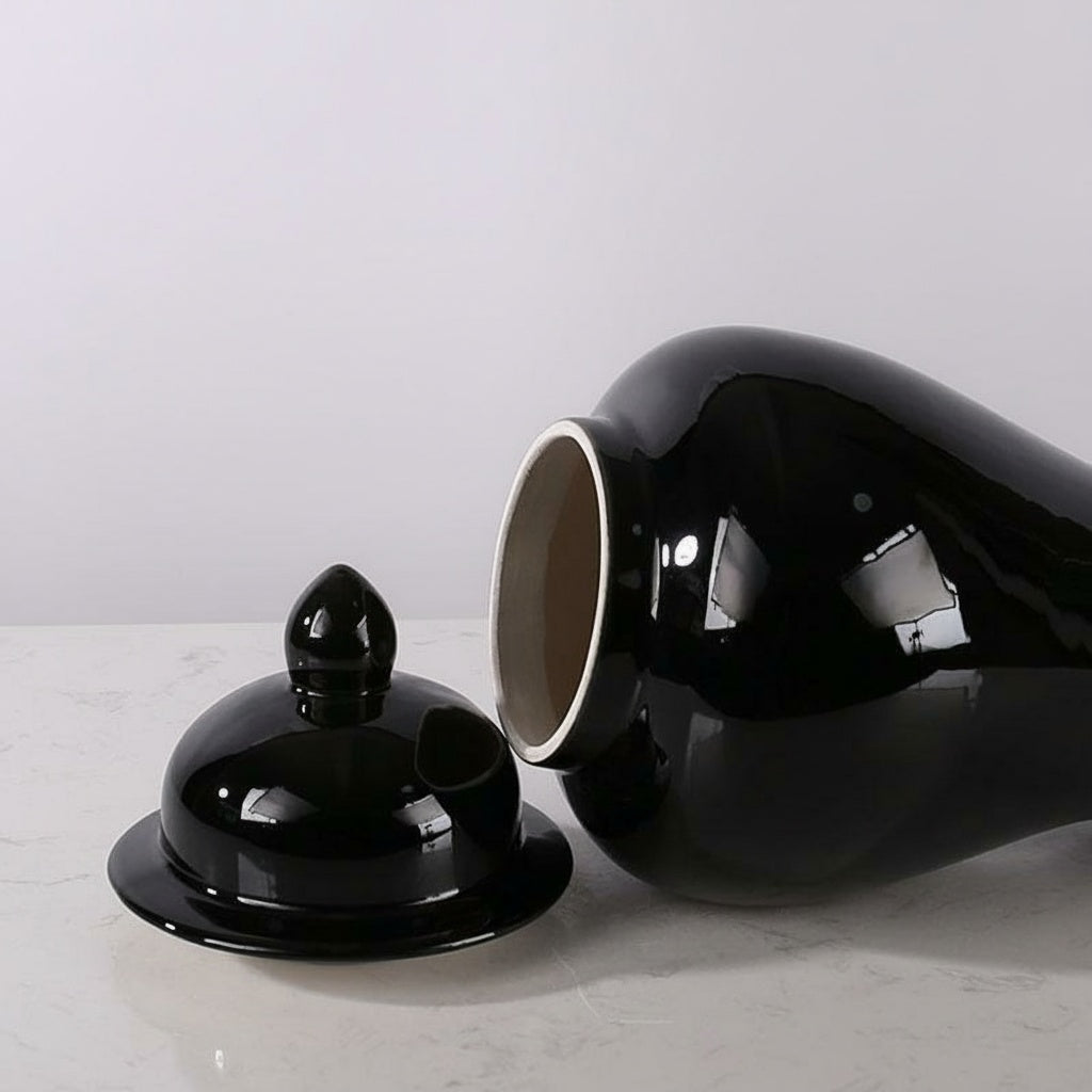 Glossy Black Ceramic Temple Jar showing interior and lid details