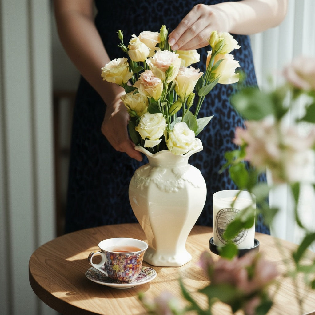 Glossy ceramic scalloped vase with fresh flowers on a wooden table