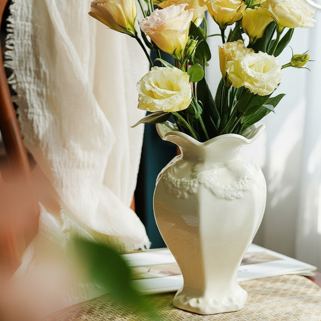 Close up of glossy ceramic vase showing floral relief detailing