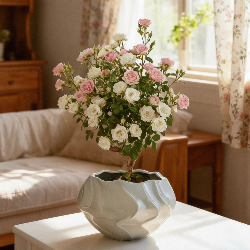 Glossy Ceramic Sculptural Planter with Flowers