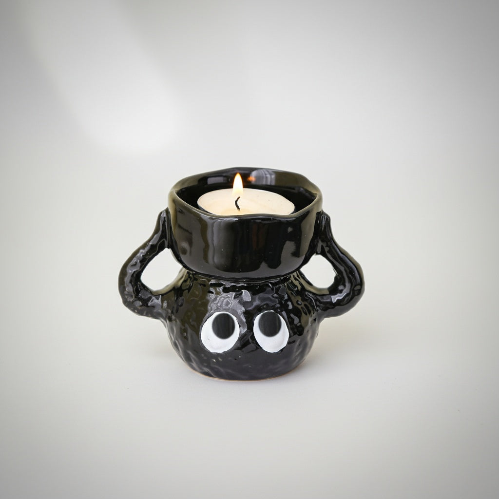 Glossy Ceramic Sculptural Tealight Holder with Candle