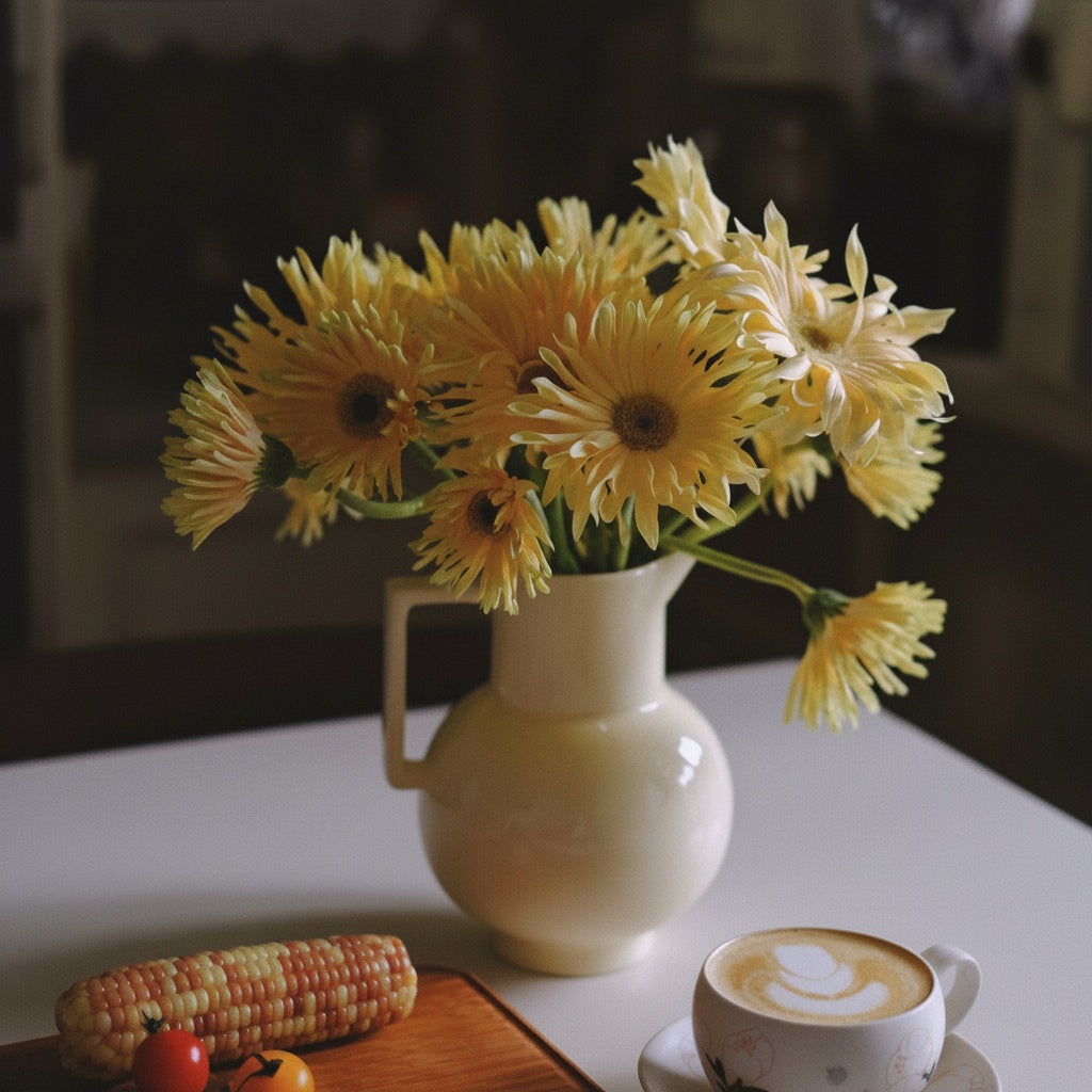 Glossy cream ceramic pitcher being used as a vase with yellow flowers on a table