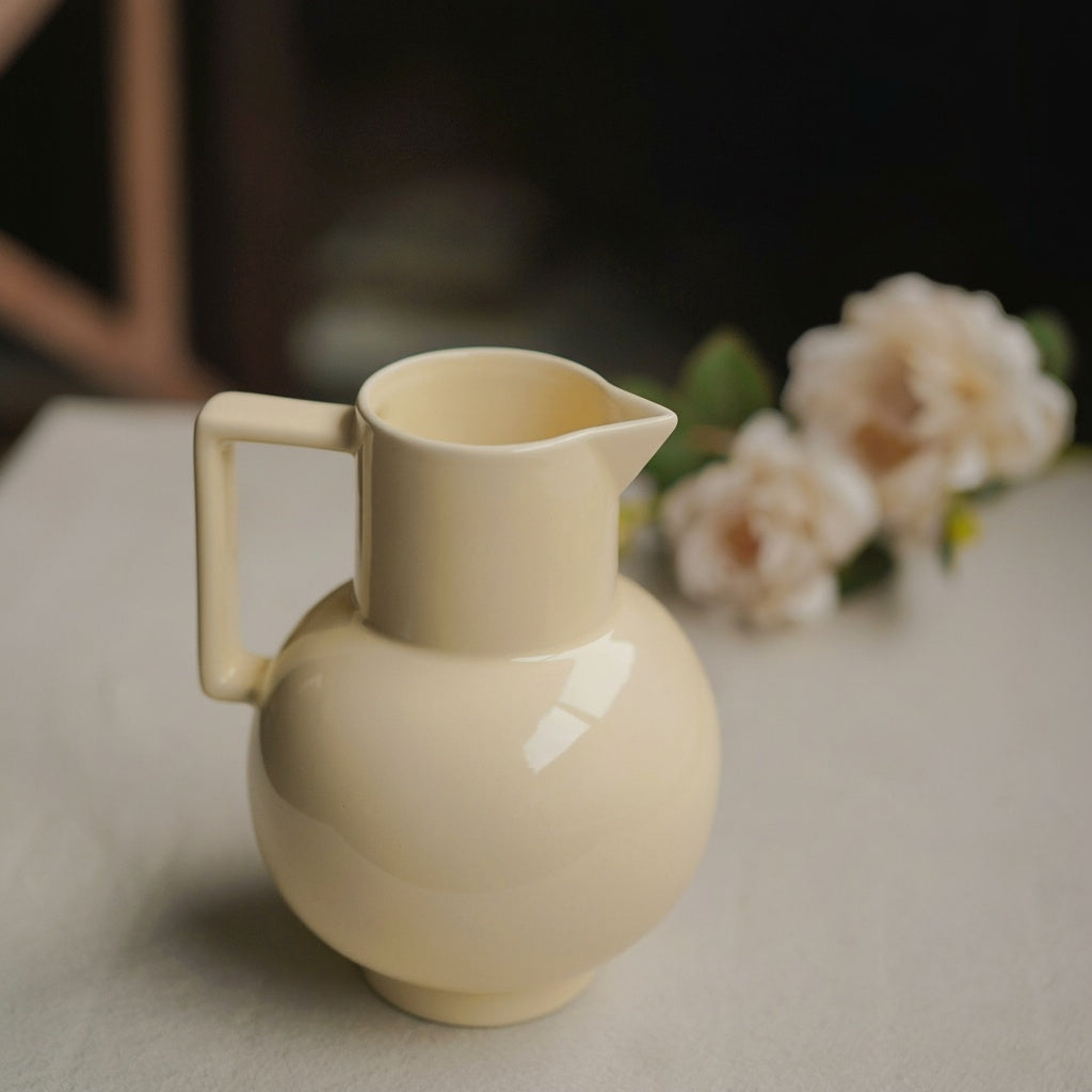 Empty glossy cream ceramic pitcher with a spherical base and geometric handle