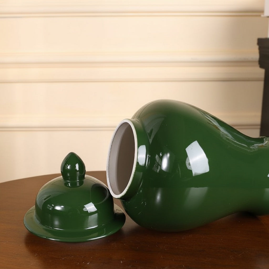 Glossy Green Ceramic Temple Jar Open Lid