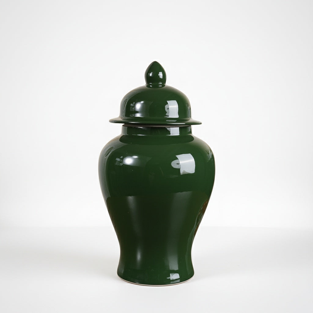 Glossy Green Ceramic Temple Jar White Background
