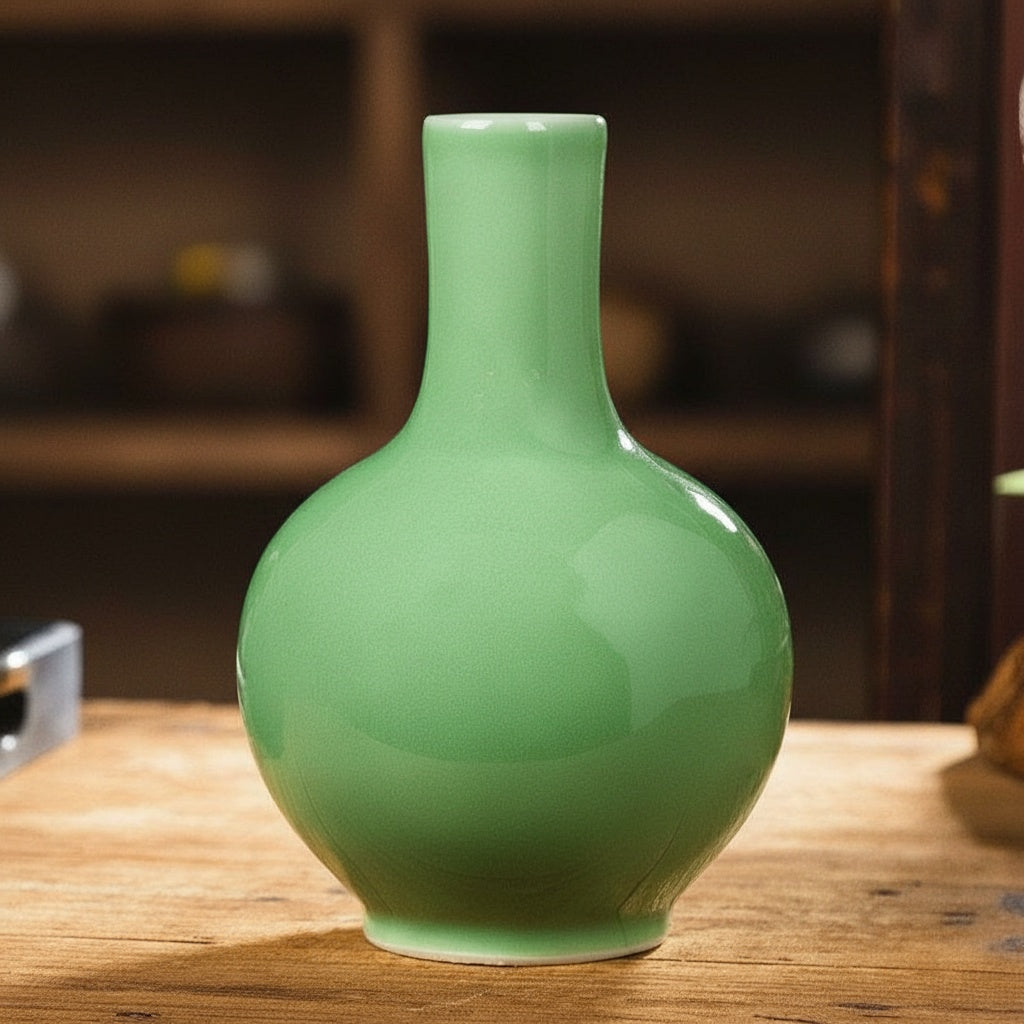 Glossy Green Porcelain Bottle Vase