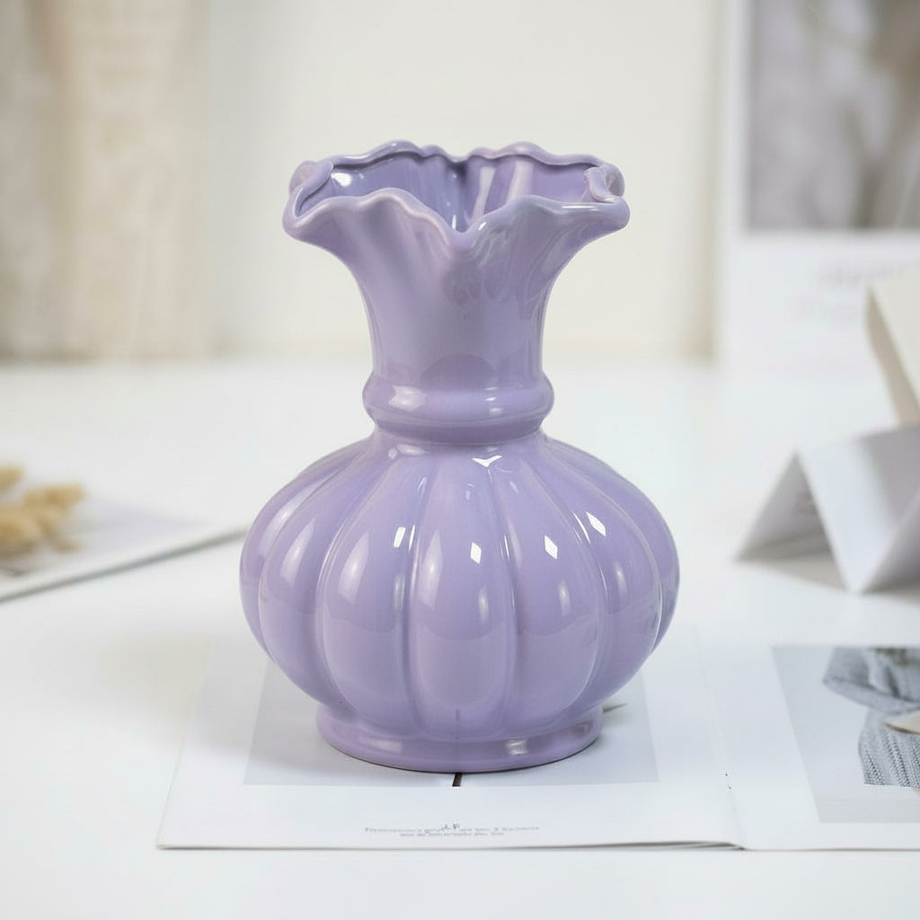 Glossy Lilac Ceramic Fluted Vase