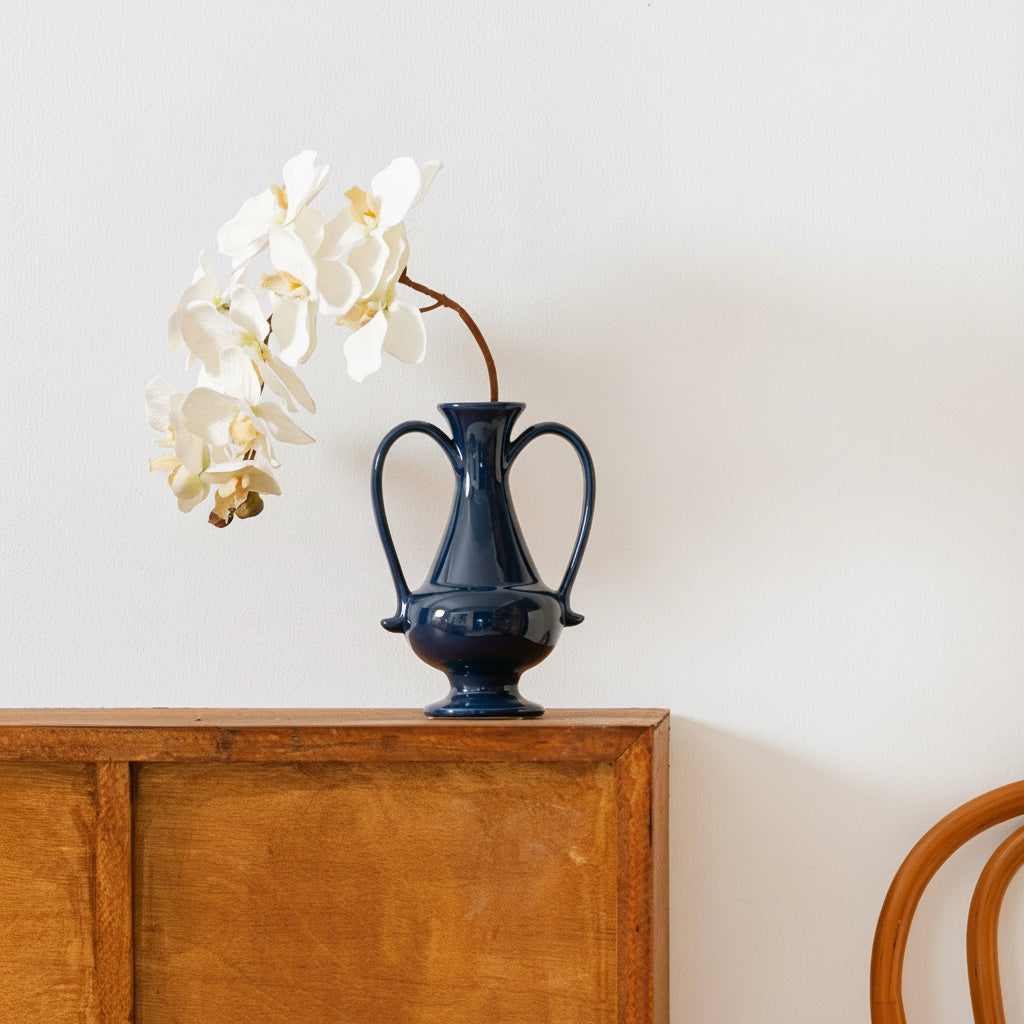 Glossy Navy Ceramic Amphora Vase