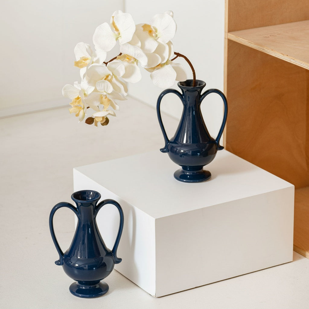 Glossy Navy Ceramic Amphora Vase